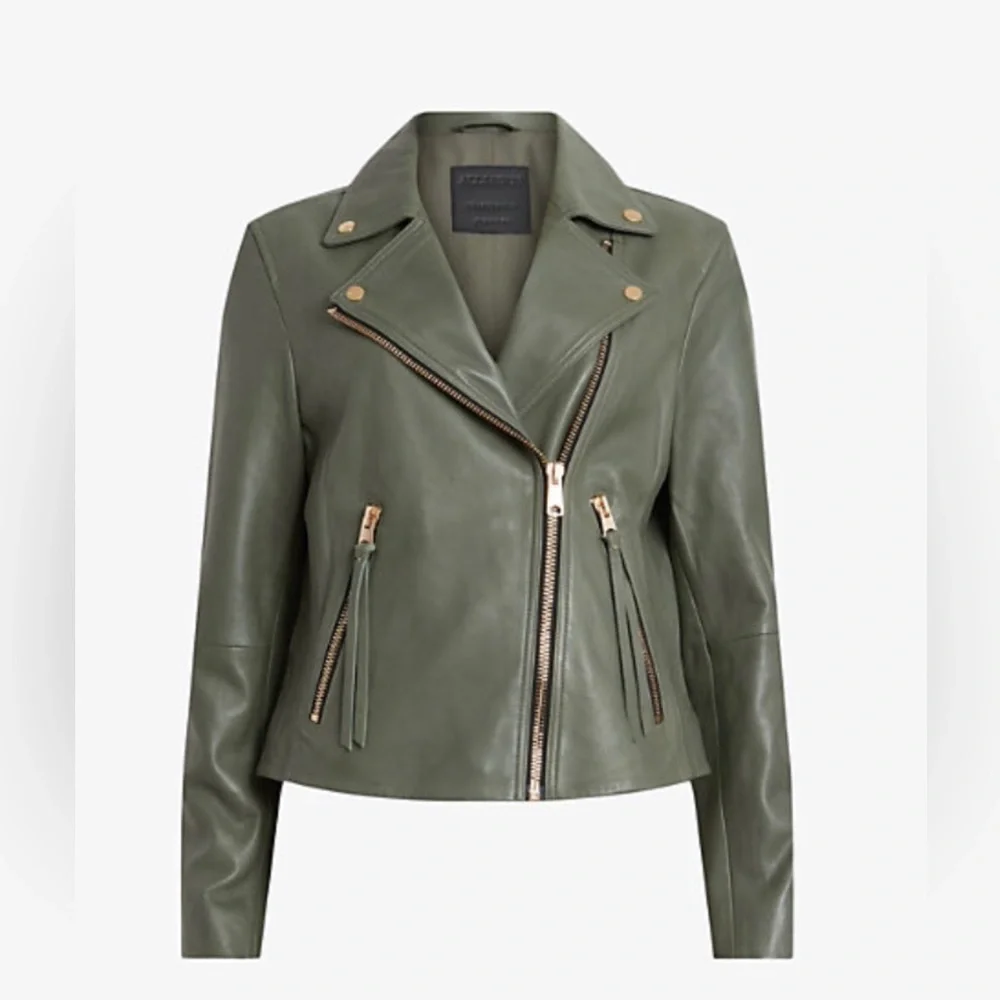 All Saints Dalby Biker 100% lamb leather moto jacket sage green size 6 NWT - Picture 1 of 14